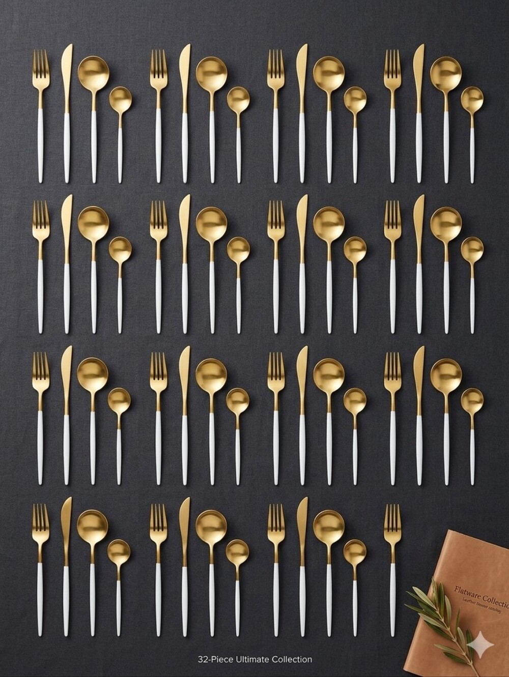 Uniturky Round GOLD & WHITE  32 PC STAINLESS STEEL FRENCH‎ MADE  TABLE FOR 8